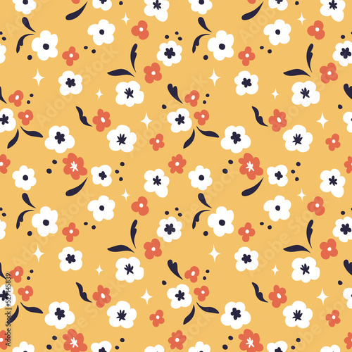 Vector pattern with simple cute flowers. Liberty seamless background. Trendy colors illustration for fashion textile.