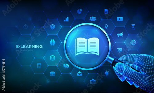 E-learning. Innovative online education and internet technology. Webinar, teaching, online training courses. Skill development concept with magnifier in wireframe hand and icons. Vector illustration.