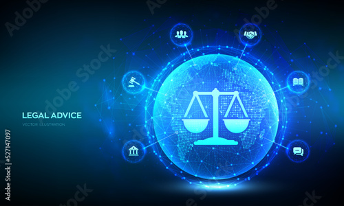 Labor law, Lawyer, Attorney at law, Legal advice concept. Internet law as digital online legal services. World map point and line composition. Abstract Eearth planet globe Vector illustration.