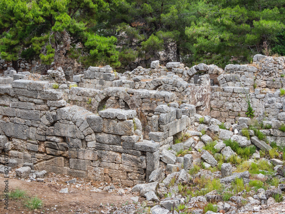 Ruins of Phaselis, Greek and Roman city on the coast of ancient Lycia. Architectural landmark in Kemer district of Antalya Province in Turkey.