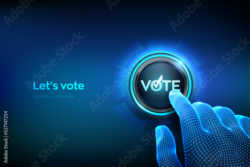 Vote. Voting and election concept on virtual screen. Polling, ballot. Online elections. Electronic voting technology. E-ballot. Check mark. Closeup finger about to press a button. Vector illustration.