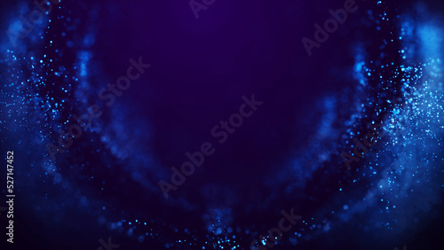 Magical sparkles of light form abstract structures. Blue glow particles with amazing bokeh for fantastic background. 3d render.