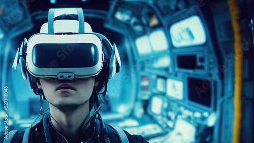 Man wearing 3d VR headset glasses looks up in cyberspace of metaverse. Virtual reality or Augmented reality world simulation. Digital computer entertainment. Okulus. photo