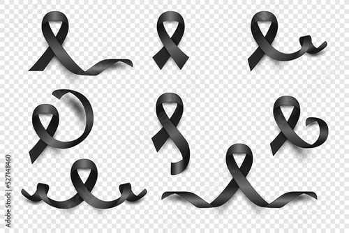 Vector 3d Realistic Black Ribbon Set. Melanoma Cancer Awareness Symbol Closeup. Cancer Ribbon Template. Melanoma World Cancer Day Concept