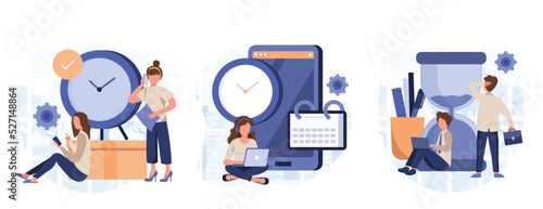 Schedule planning illustration set. Characters managing work tasks and deadline time using calendar. Time management and organization concept. Vector illustration.