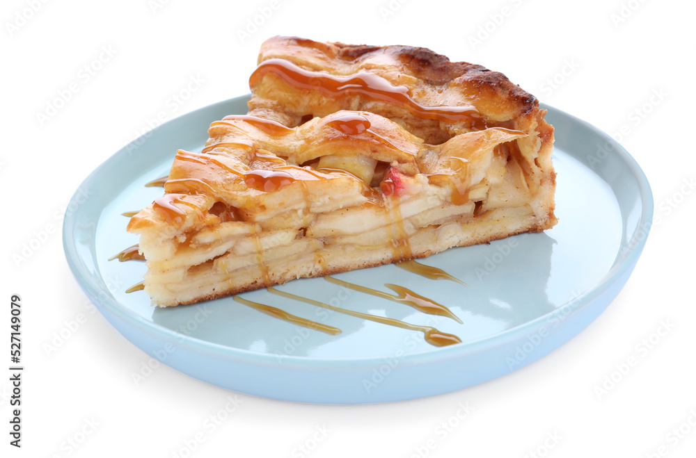 Slice of traditional apple pie with syrup isolated on white Slice of traditional apple pie with syrup isolated on white