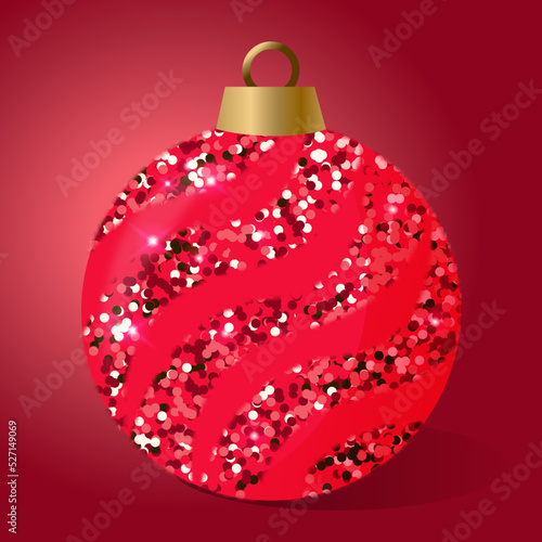 Red Christmas sphere, ball with glitter. Illustration