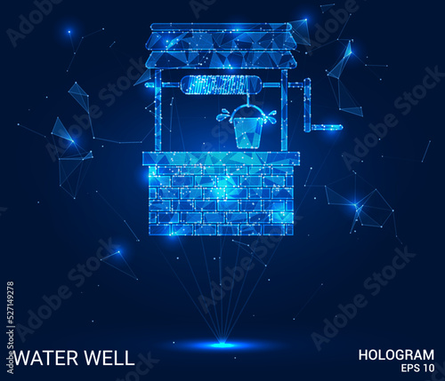 A hologram of a water well. A water well of polygons, triangles of points and lines. The water well icon is a low-poly connection structure. Technology concept vector.