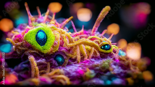 The next Pandemic! High resolution 3D render of a colorful micro organism like a virus, microbe or bacteria. Crazy details with depth of field and bokeh effects in the background. © Mircea Maties