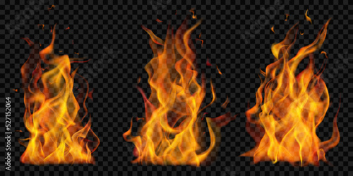 Set of burning campfires of flames and sparks on transparent background. For used on dark illustrations. Transparency only in vector format