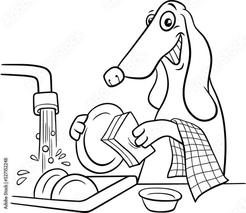 cartoon dog character washing dishes coloring page