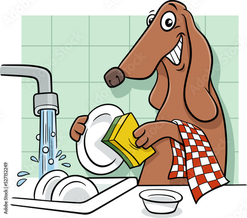 cartoon dog animal character washing dishes