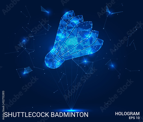 Hologram shuttlecock. Badminton shuttlecock made of polygons, triangles of dots and lines. Badminton shuttlecock icon low poly compound structure. Technology concept vector.