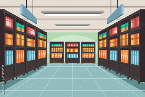 school supply store with shelves