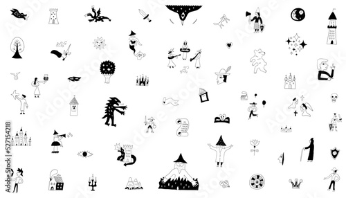 Collection of vector fairy tale elements, icons and symbols , hand drawn doodles set 