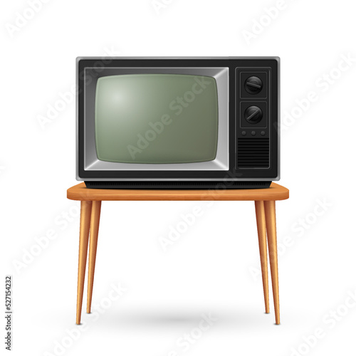 Vector 3d Realistic Retro TV Receiver on a Wooden Table Stand Closeup Isolated on White. Vintage TV Set. Television, Front View