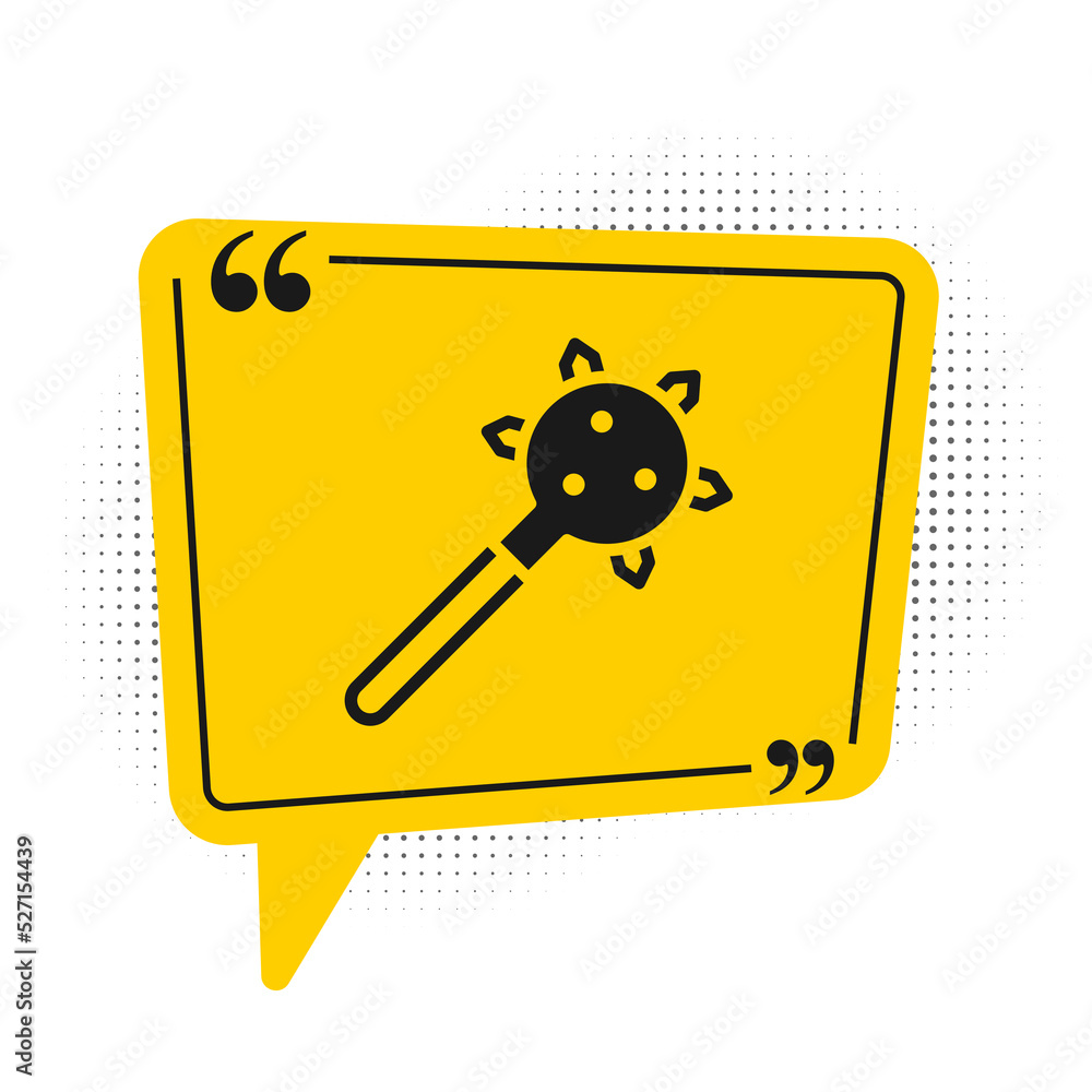 Black Medieval chained mace ball icon isolated on white background. Morgenstern medieval weapon or mace with spikes. Yellow speech bubble symbol. Vector