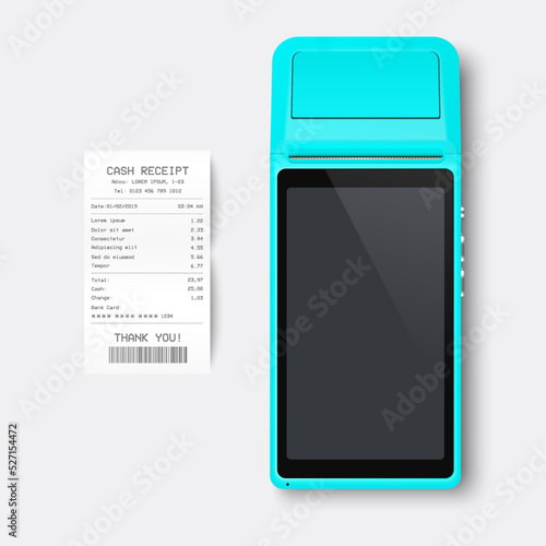 Vector 3d Blue NFC Payment Machine and Paper Check, Receipt Isolated. Wi-fi, Wireless Payment. POS Terminal, Machine Design Template of Bank Payment Contactless Terminal, Mockup. Top VIew