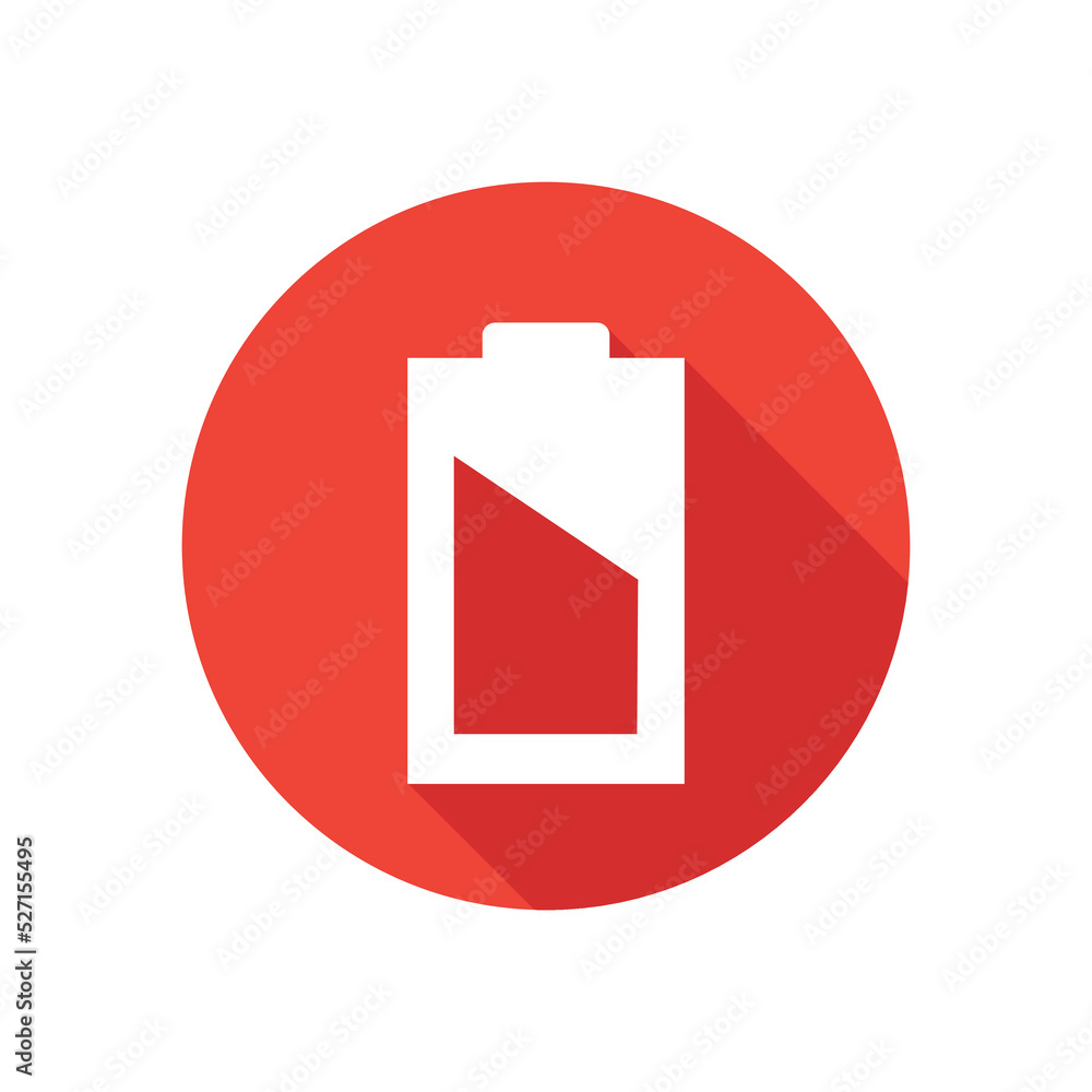 Battery flat icon on round button in long shadow style. Energy symbol. Battery flat icon on round button in long shadow style. Energy symbol.