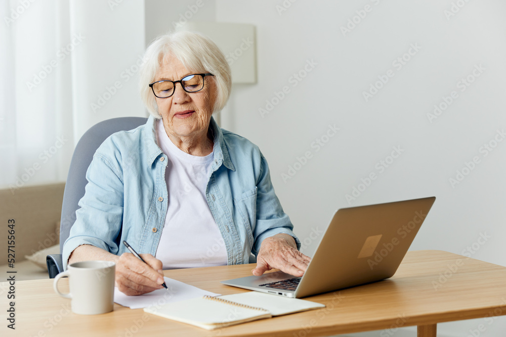 a serious, focused, elderly woman sits at home in a stylish shirt and analyzes the work making notes in her notebook, taking the matter seriously. Working from home for the elderly a serious, focused, elderly woman sits at home in a stylish shirt and analyzes the work making notes in her notebook, taking the matter seriously. Working from home for the elderly