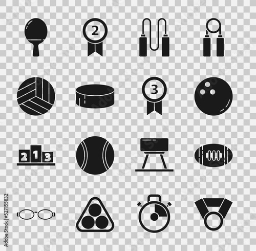 Set Medal, American Football ball, Bowling, Jump rope, Hockey puck, Volleyball, Racket for playing table tennis and icon. Vector