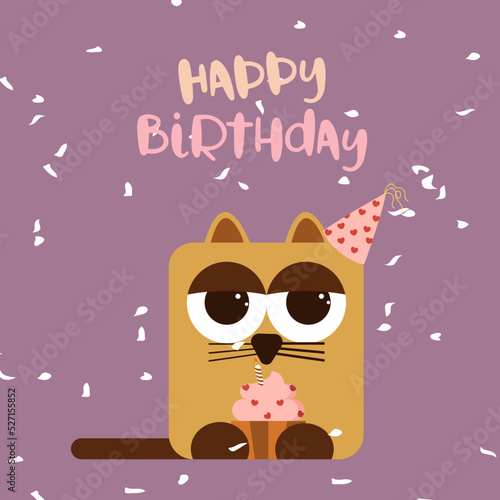 Happy Birthday greeting card with a cute flat design Cat with a cupcake and party hat. Ideal for posters, postcards, invitations, and banners.