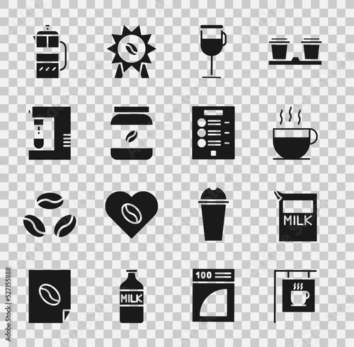 Set Street signboard coffee, Paper package for milk, Coffee cup, Irish, jar bottle, machine, French press and menu icon. Vector