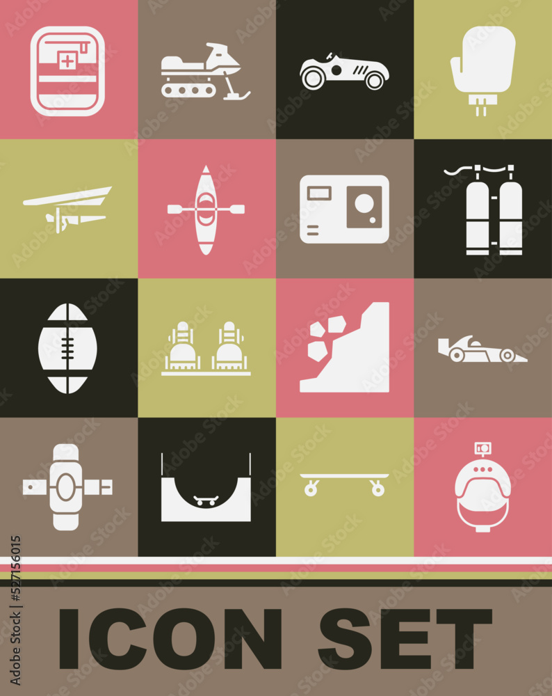 Set Helmet and action camera, Formula 1 racing car, Aqualung, Vintage sport, Kayak canoe, Hang glider, First aid kit and Action extreme icon. Vector Set Helmet and action camera, Formula 1 racing car, Aqualung, Vintage sport, Kayak canoe, Hang glider, First aid kit and Action extreme icon. Vector