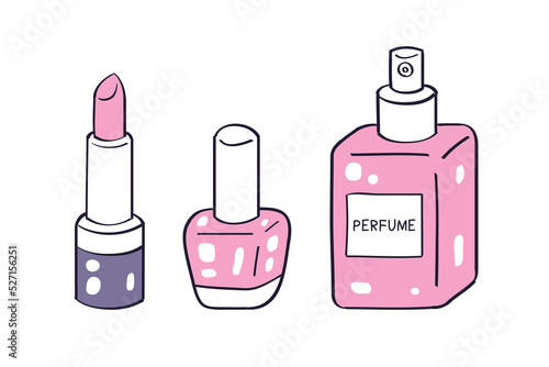 Pink lipstick, nail polish bottle and perfume spray bottle isolated. Beauty items set vector illustration.