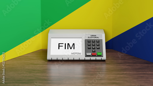 Renderização 3D de urna eletrônica em cabine eleitoral com cores da bandeira do brasil, escrito em em português na tela 
