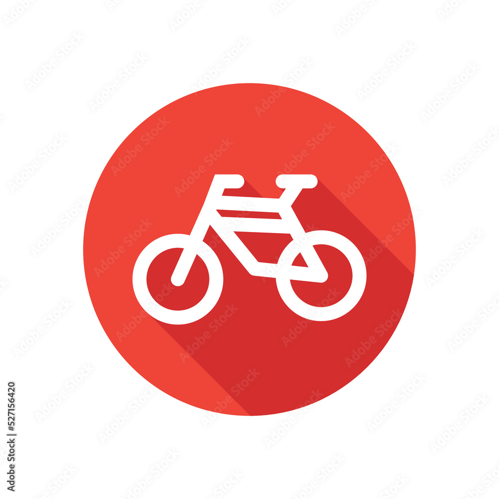 Button circle with bike, bicycle icon in red color. Vector illustration. Button circle with bike, bicycle icon in red color. Vector illustration.