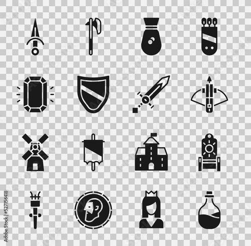 Set Old bottle of wine, Medieval throne, Battle crossbow with arrow, money bag, Shield, Diamond, Dagger and sword icon. Vector