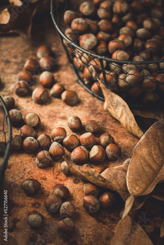 A collection of hazelnuts on a brown background photo