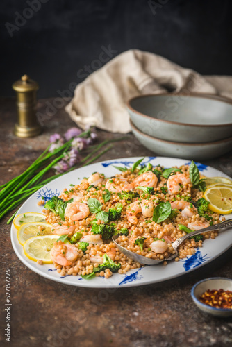 Shrimp with Couscous and Broccoli on Platter