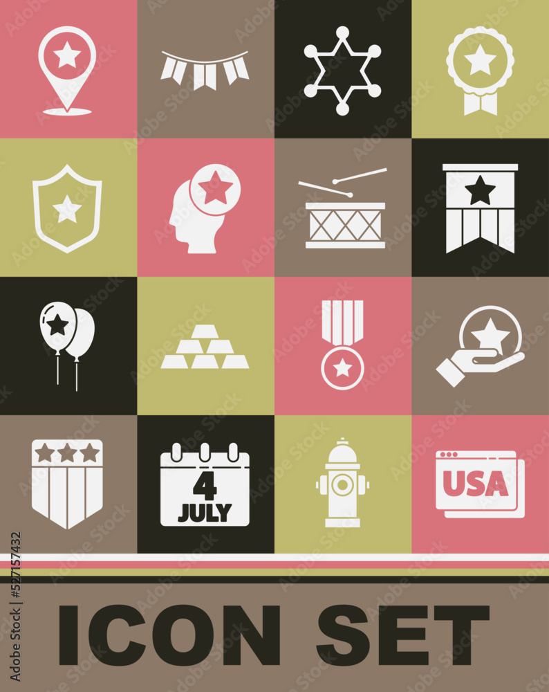 Set USA on browser, Independence day, American flag, Hexagram sheriff, Head, Police badge, and Drum and drum sticks icon. Vector Set USA on browser, Independence day, American flag, Hexagram sheriff, Head, Police badge, and Drum and drum sticks icon. Vector