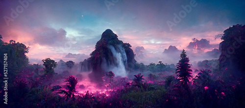 Fotografie, Obraz a jungle with blue trees pink clouds green lake blue Digital Art Illustration Pa