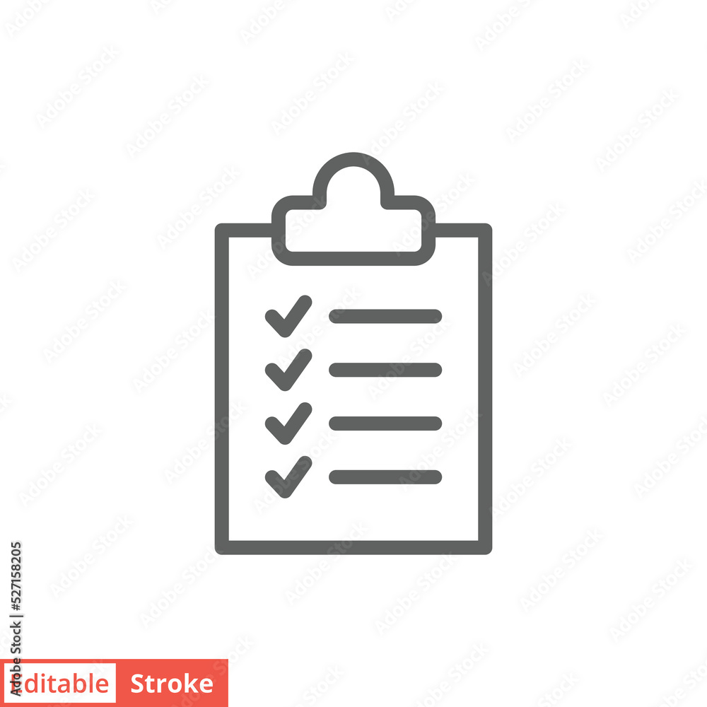 Clipboard checklist icon. Simple outline style. Document with checkmark, business agreement concept. Thin line vector illustration isolated on white background. Editable stroke EPS 10. Clipboard checklist icon. Simple outline style. Document with checkmark, business agreement concept. Thin line vector illustration isolated on white background. Editable stroke EPS 10.