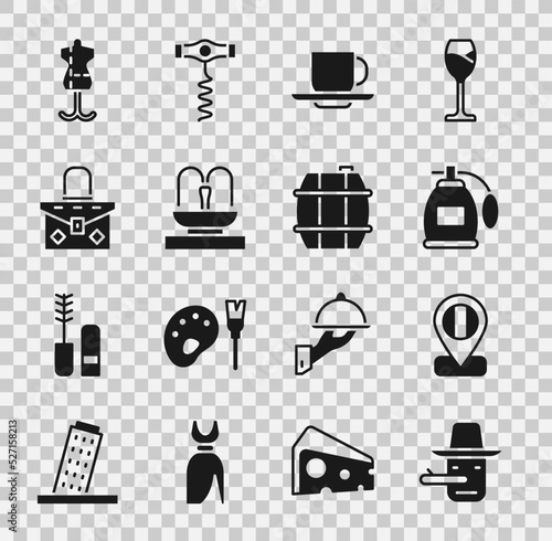 Set Pinocchio, Location flag Italy, Perfume, Coffee cup, Fountain, Handbag, Mannequin and Barrel for wine icon. Vector
