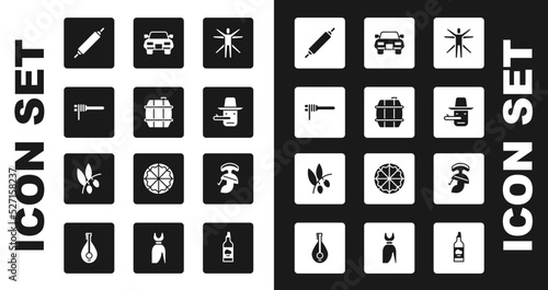 Set Vitruvian Man, Barrel for wine, Pasta spaghetti, Rolling pin, Pinocchio, Car, Roman army helmet and Olives branch icon. Vector