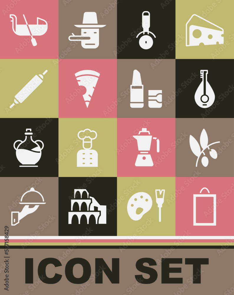 Set Picture, Olives branch, Mandolin, Pizza knife, Slice of pizza, Rolling pin, Gondola and Lipstick icon. Vector Set Picture, Olives branch, Mandolin, Pizza knife, Slice of pizza, Rolling pin, Gondola and Lipstick icon. Vector