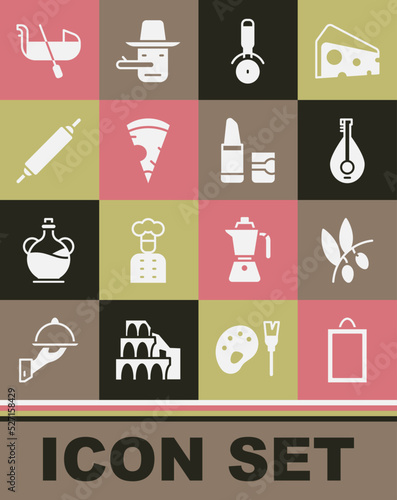 Set Picture, Olives branch, Mandolin, Pizza knife, Slice of pizza, Rolling pin, Gondola and Lipstick icon. Vector
