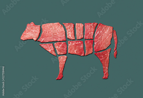 Concept marbled meat beef. Grass fed beef. Caw made up of beef pieces