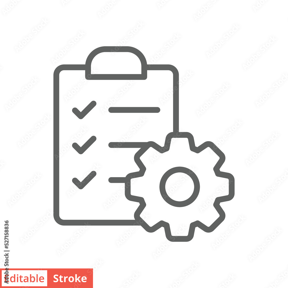 Clipboard with gear icon. Simple outline style. Project order, work, setting, technical support check list concept. Line vector illustration isolated on white background. Editable stroke EPS 10.