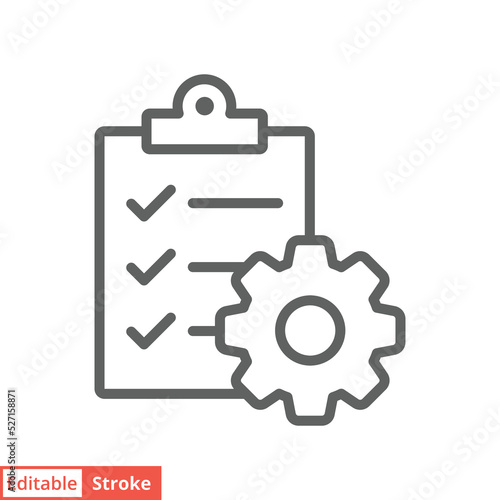 Clipboard with gear icon. Simple outline style. Project order, work, setting, technical support check list concept. Line vector illustration isolated on white background. Editable stroke EPS 10.