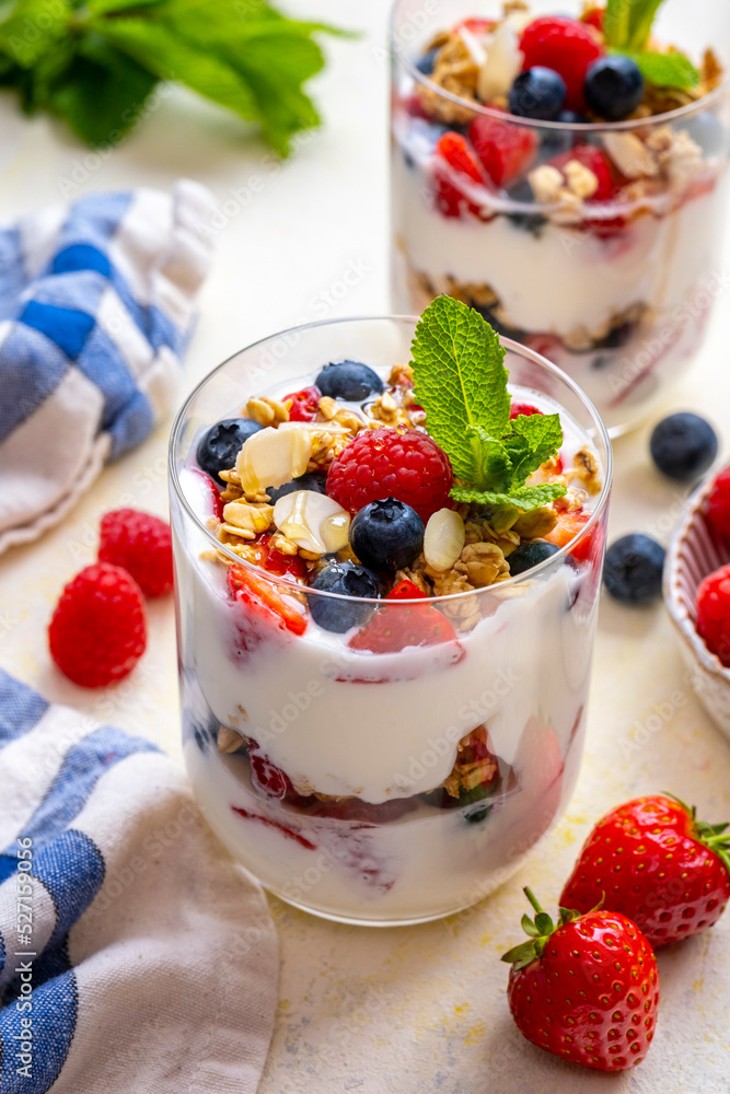 Yogurt Parfait Breakfast in a galss with fresh fruits Yogurt Parfait Breakfast in a galss with fresh fruits