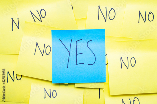 Inspirational concept. Several yellow post it or memo notes with the word "no" written on them surround a blue note with the word "YES" written on it. Positivity over negativity.