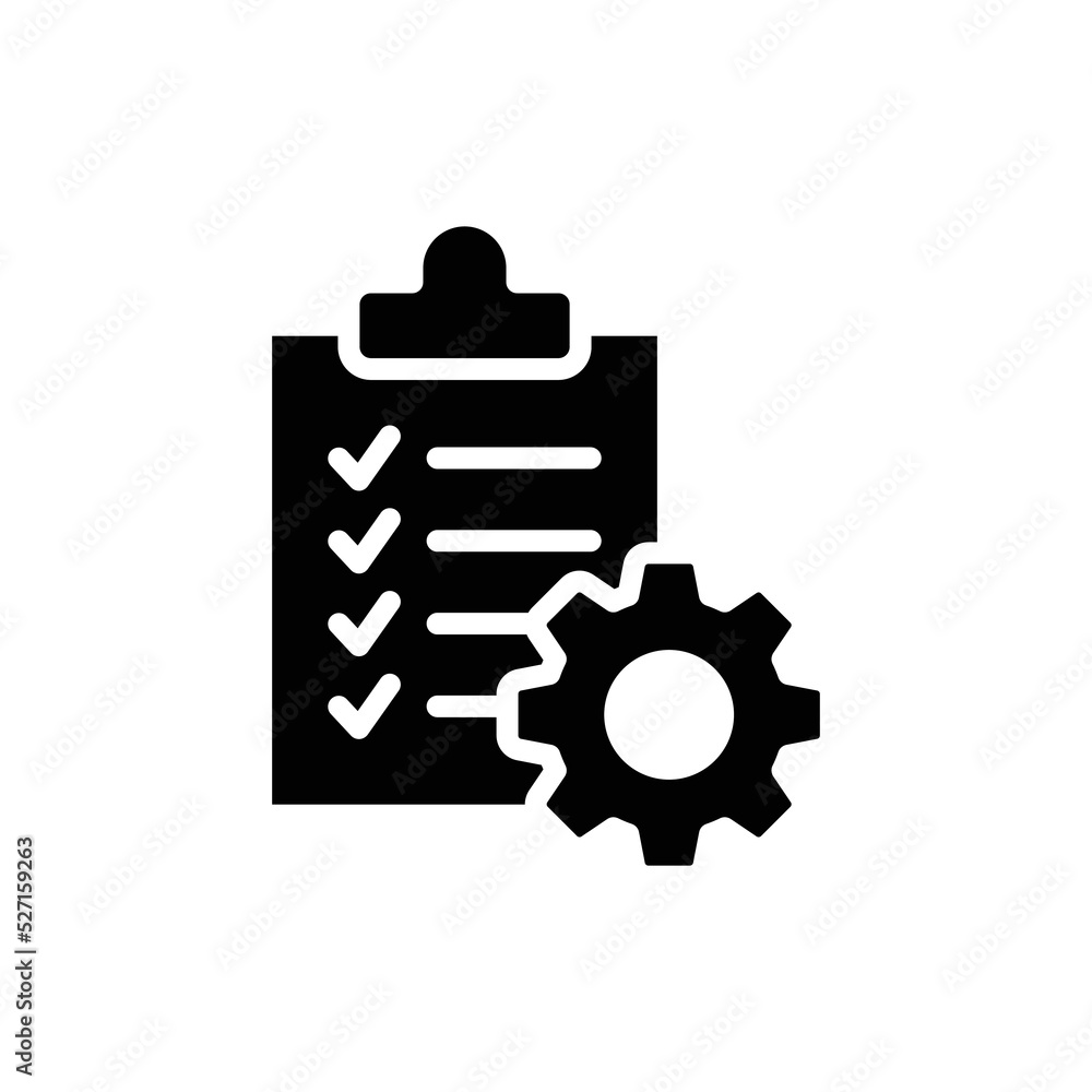 Clipboard with gear icon. Simple solid style. Project order, work, setting, technical support check list, management concept. Glyph vector illustration isolated on white background. EPS 10. Clipboard with gear icon. Simple solid style. Project order, work, setting, technical support check list, management concept. Glyph vector illustration isolated on white background. EPS 10.