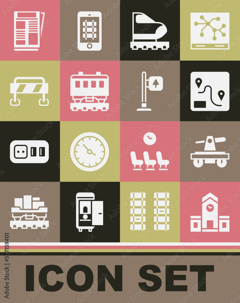 Set Railway station, Draisine or handcar, Route location, High-speed train, Passenger cars, Road barrier, News and traffic signpost icon. Vector Set Railway station, Draisine or handcar, Route location, High-speed train, Passenger cars, Road barrier, News and traffic signpost icon. Vector