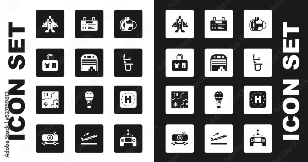 Set Jet engine turbine, Aircraft hangar, Suitcase, fighter, Airplane seat, Airport board, Helicopter landing pad and World travel map icon. Vector Set Jet engine turbine, Aircraft hangar, Suitcase, fighter, Airplane seat, Airport board, Helicopter landing pad and World travel map icon. Vector