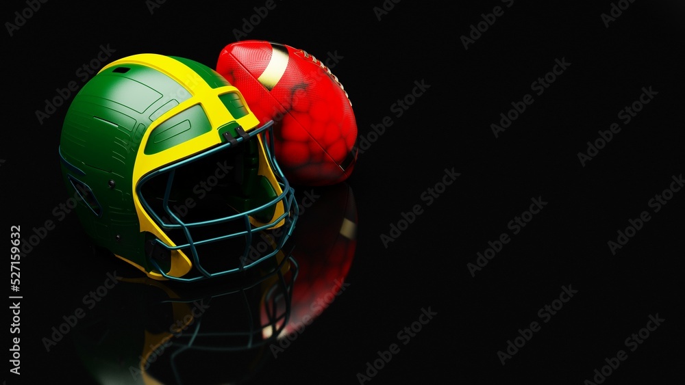 American football Yellow-Green helmet and Red-Black Ball under foggy black laser lighting. 3D illustration. 3D CG. 3D high quality rendering. American football Yellow-Green helmet and Red-Black Ball under foggy black laser lighting. 3D illustration. 3D CG. 3D high quality rendering.